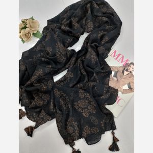 خرید اینترنتی قیمت شال برشکا مشکی طلایی منگوله چوبی طرحبندی