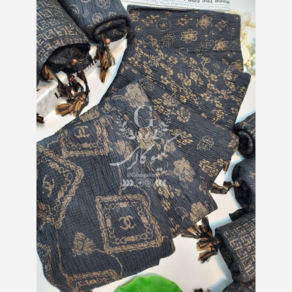 قیمت شال برشکا مشکی طلایی منگوله چوبی طرحبندی