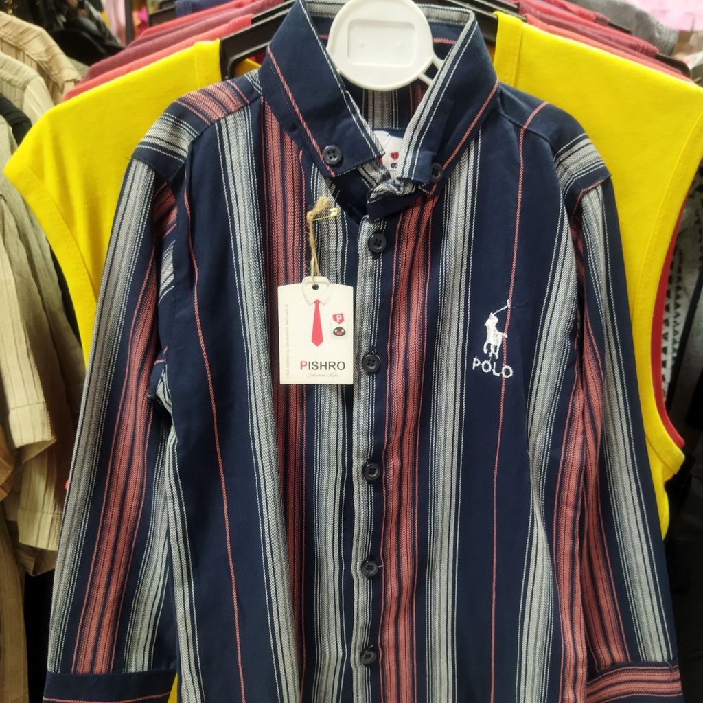 خرید اینترنتی پیراهن آستین بلند پسرانه سرمه ای راه راه