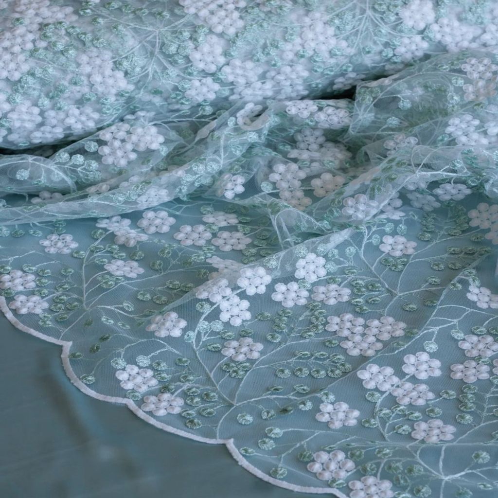 خرید اینترنتی قیمت پارچه تور طرحدار 1164 - رنگ سبزآبی