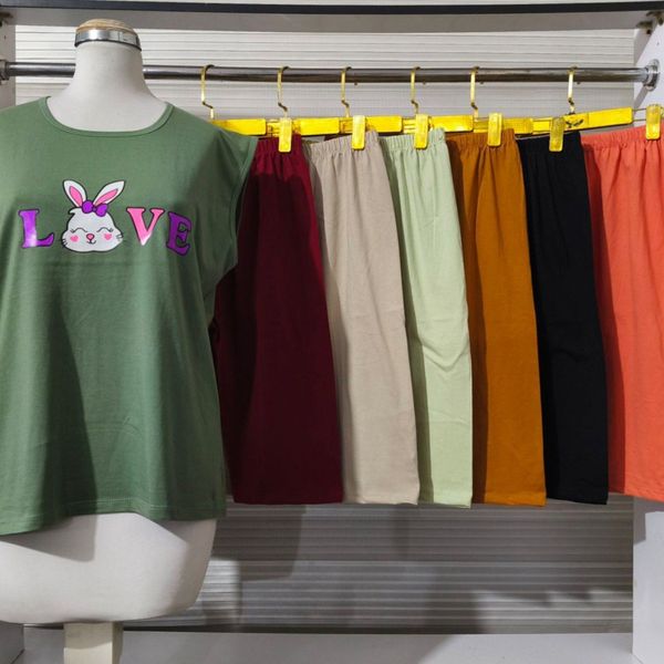 ست تاپ وشلوار قواره دار نخ پنبه طرح عروسکی