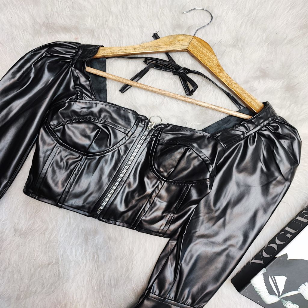 خرید اینترنتی قیمت شومیز کراپ چرم جلو زیپ