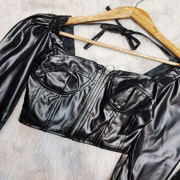 شومیز کراپ چرم جلو زیپ