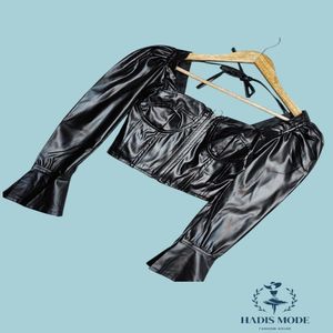 خرید اینترنتی قیمت شومیز کراپ چرم جلو زیپ