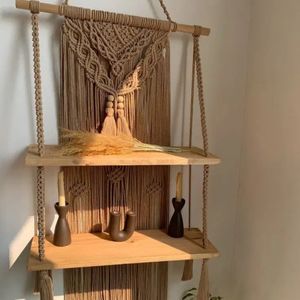 شلف چوبی دو طبقه مکرومه مدل پونه