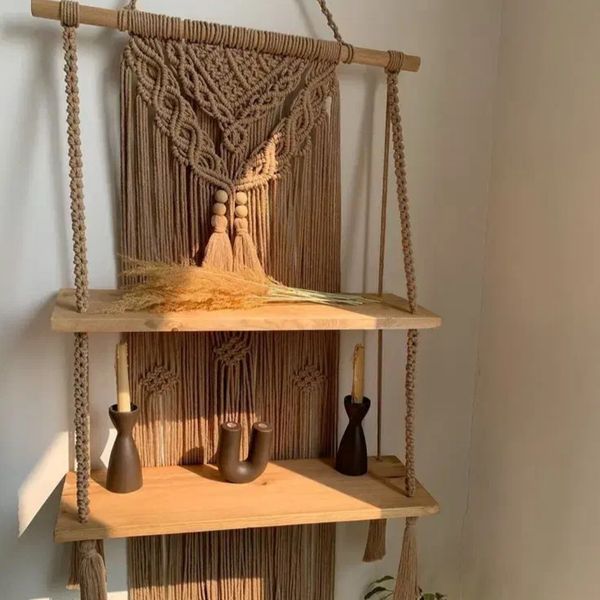 شلف چوبی دو طبقه مکرومه مدل پونه