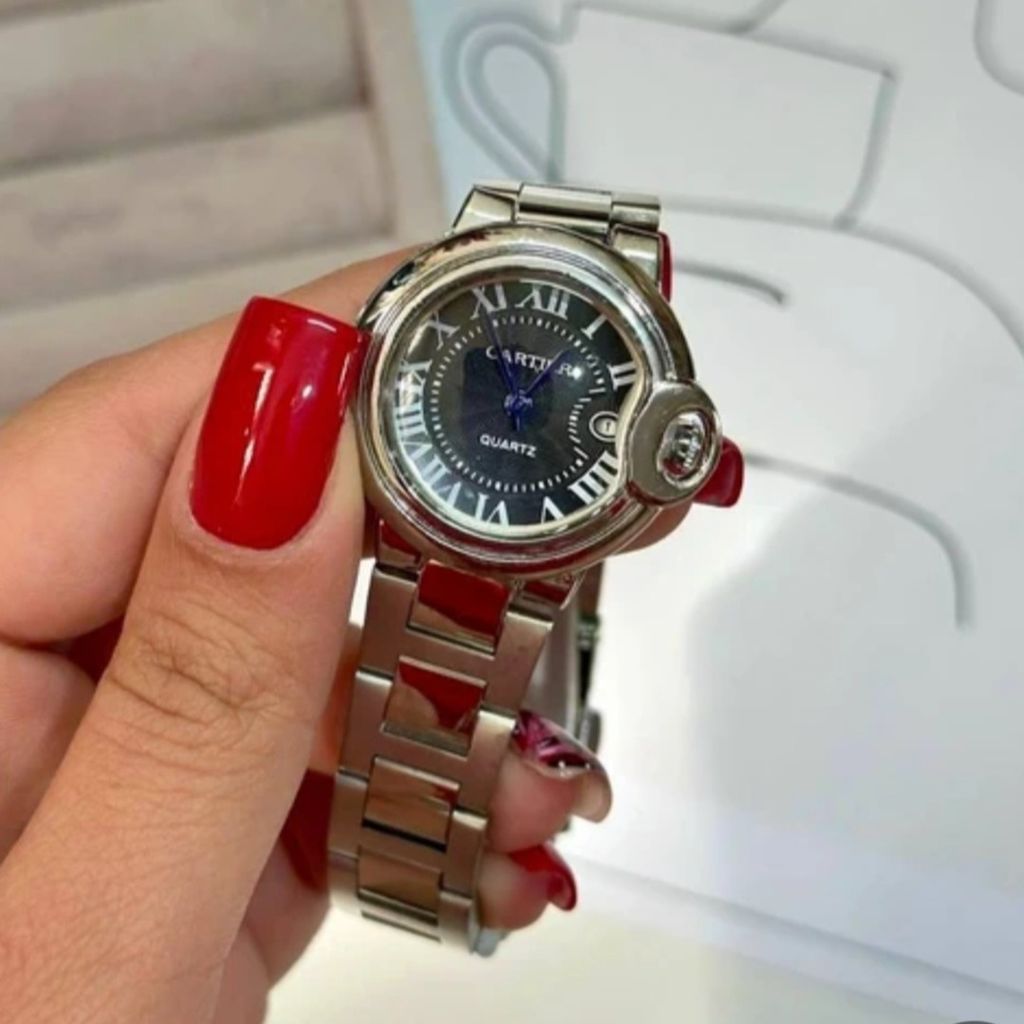 قیمت ساعت مچی زنانه طرح کارتیر بالن بلو صفحه مشکی تقویم دار