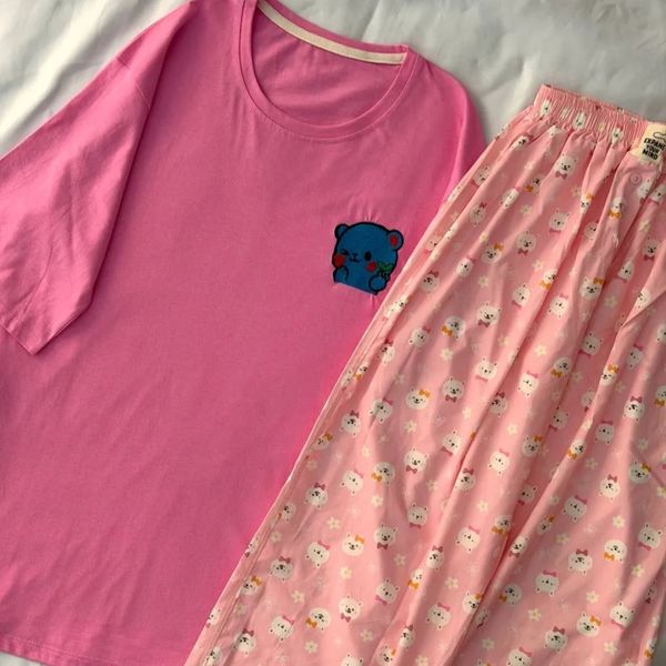 ست راحتی لباس راحتی تیشرت لانگ و شلوار بگ زنانه