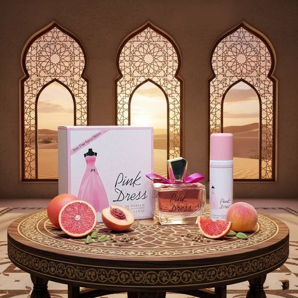 عطر اصل اماراتی اقتصادی زنانه لباس صورتی فراگرنس ورد بهمراه اسپری رایگان