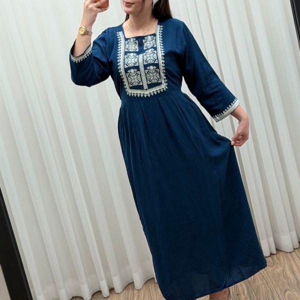 پیراهن ساحلی نخی خنک سبک یقه چاپ فری سایز