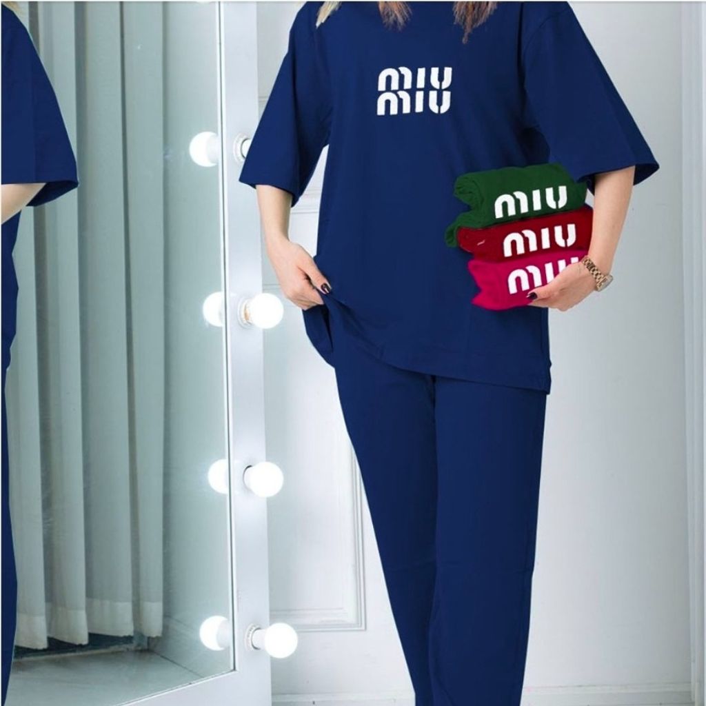 خرید اینترنتی ست تیشرت باکسی + شلوار بگ___ نخپنبه سوپر زنانه miu miu