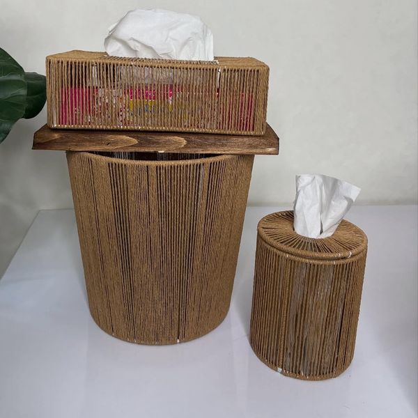 ست سه عددی سطل جا دستمال‌مکرومه بافی مدل رافیا