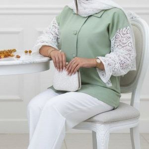 قیمت ارزان شومیز مانتویی مجلسی آستین گیپوری