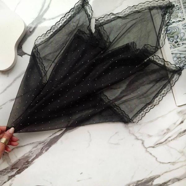 مینی اسکارف توری نگین مشکی دورگان قواره هفتاد با کیفیت