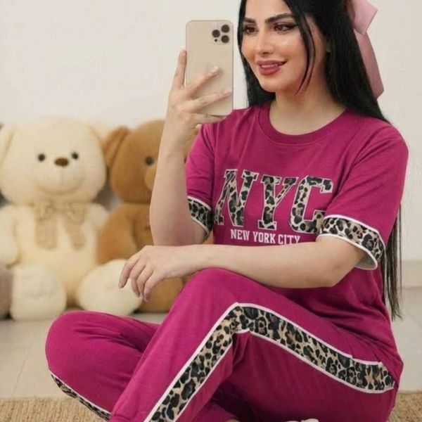ست تیشرت و شلوار خونگی نوشته پلنگی زنانه