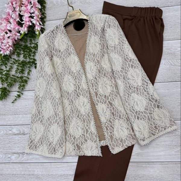 مانتو و شلوار گیپور مرواریدی