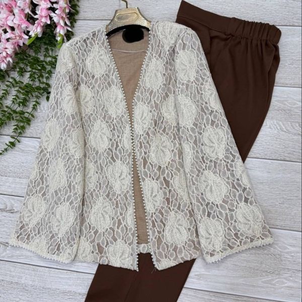 مانتو و شلوار گیپور مرواریدی