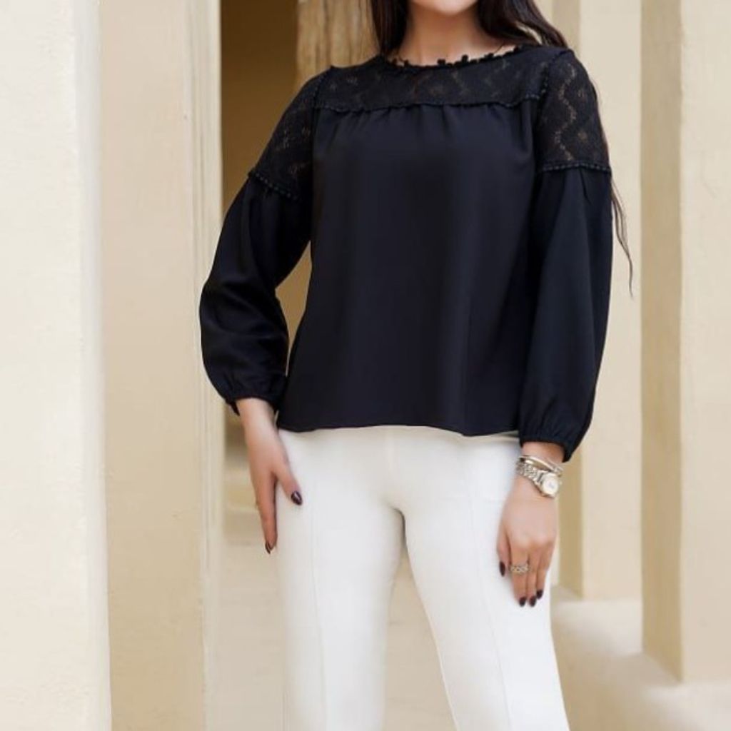 خرید انلاین شومیز تورینا زنانه کرپ مورگان و قلاب بافی