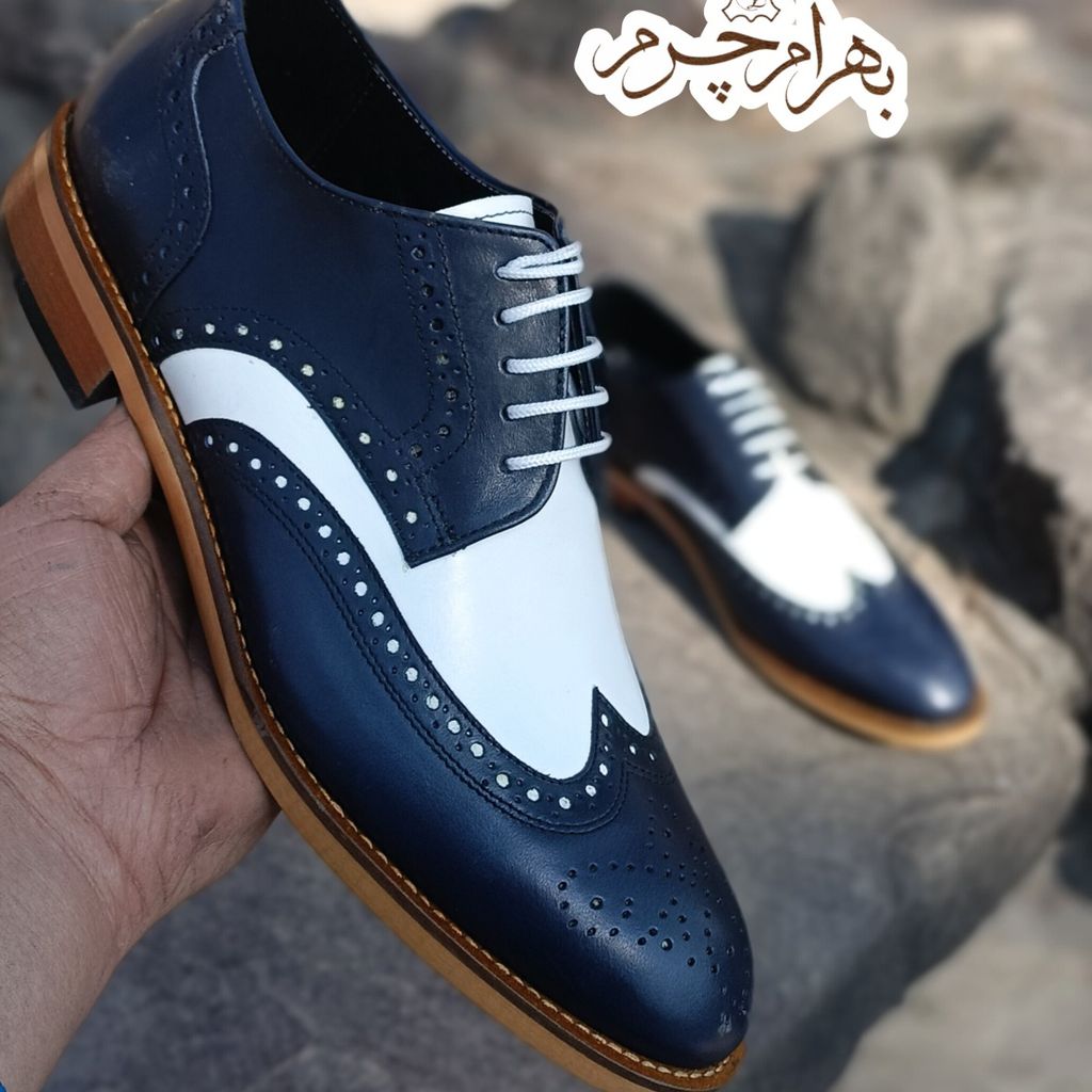 قیمت ارزان کفش مردانه رسمی چرم طبیعی مدل ویلسون سرمه ای سفید
