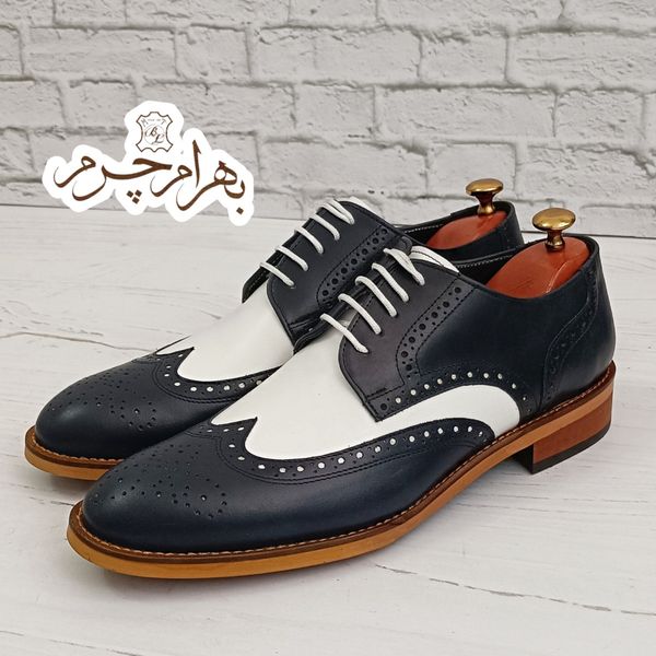 کفش مردانه رسمی چرم طبیعی مدل ویلسون سرمه ای سفید