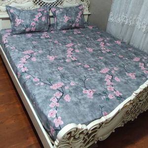 خرید آنلاین روتختی دونفره زمینه طوسی گل صورتی روکش تشک گل صورتی