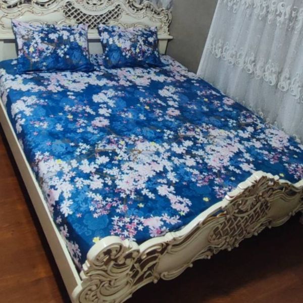 روتختی دونفره ابی تیره روکش تشک دونفره زمینه ابی شکوفه صورتی