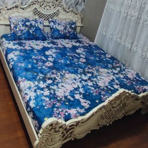 روتختی دونفره ابی تیره روکش تشک دونفره زمینه ابی شکوفه صورتی