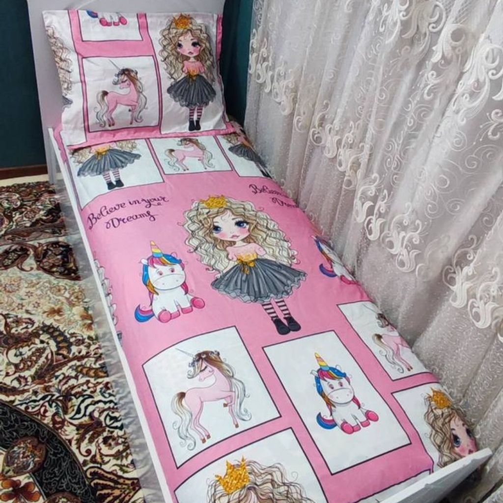 خرید اینترنتی روتختی ملحفه یک نفره دخترانه عروسکی  طرح خاطره صورتی موفری اسب تک شاخ