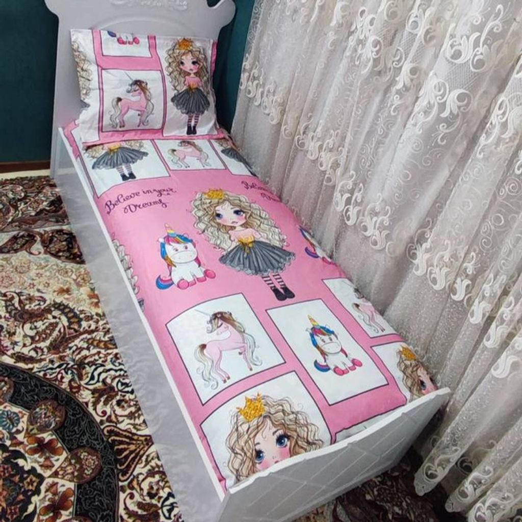 خرید اینترنتی روتختی ملحفه یک نفره دخترانه عروسکی  طرح خاطره صورتی موفری اسب تک شاخ