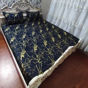 خرید انلاین روتختی دونفره مشکی ماربل روکش تشک دونفره ماربل سیاه خط زرد ملحفه ماربل
