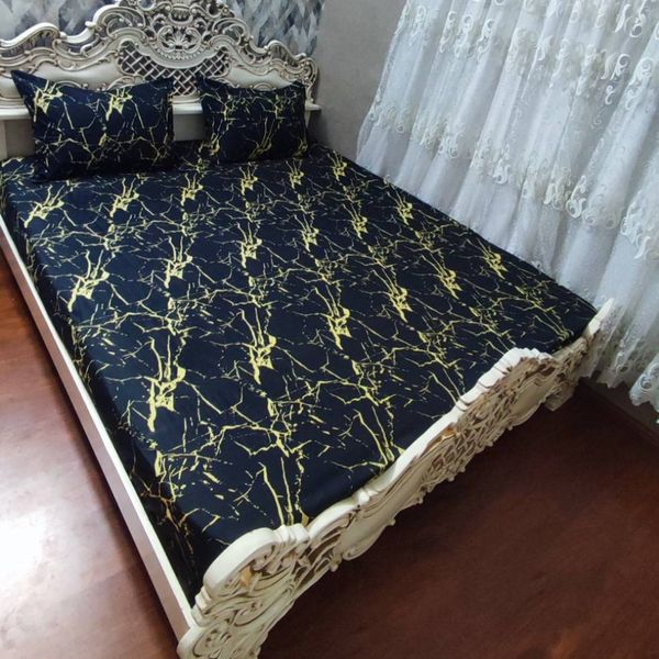 روتختی دونفره مشکی ماربل روکش تشک دونفره ماربل سیاه خط زرد ملحفه ماربل