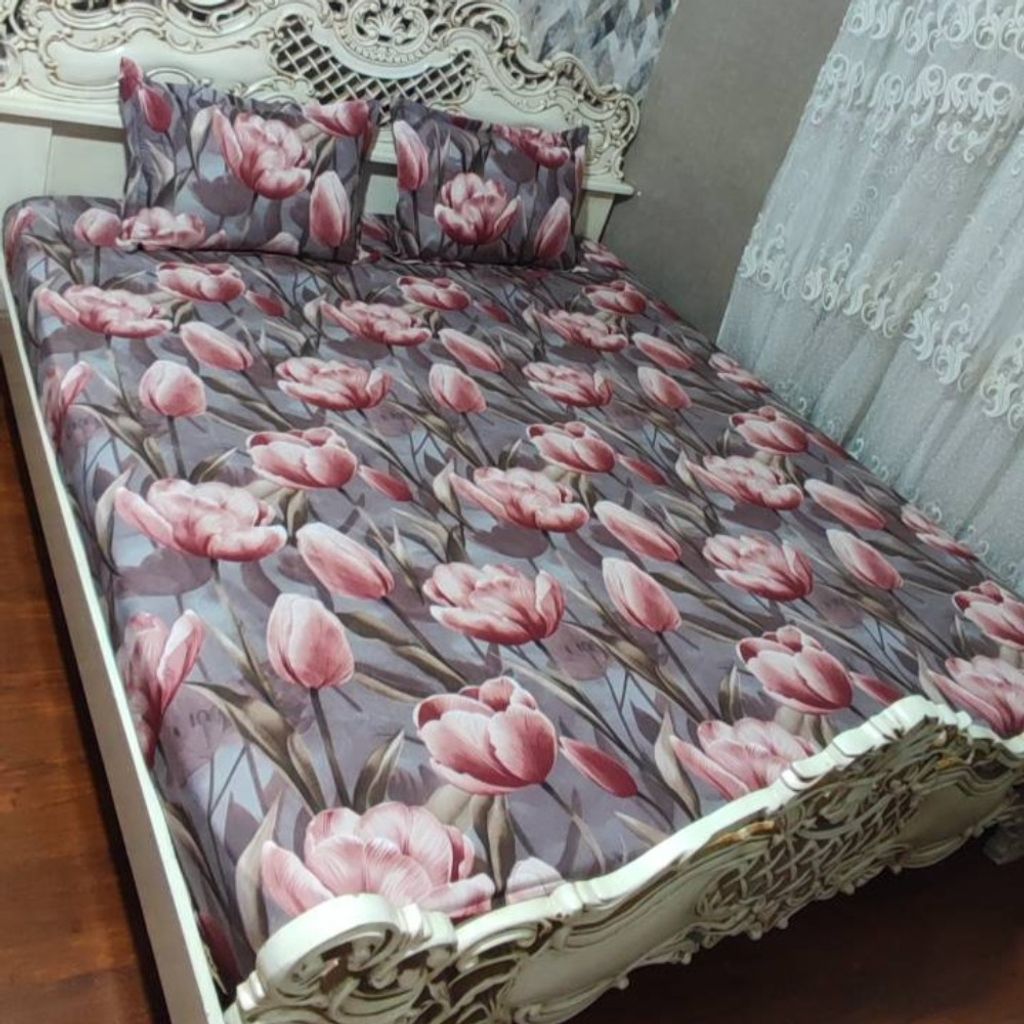 خرید آنلاین روتختی دونفره طرح گل لاله روکش تشک دونفره ملحفه کشدوزی شده دونفره