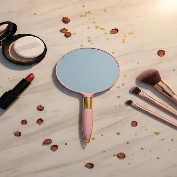 آینه رومیز آرایش یا تو کیف دسته طلایی