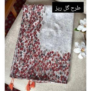 خرید آنلاین شال نخی پلیسه چاپی منگوله دار