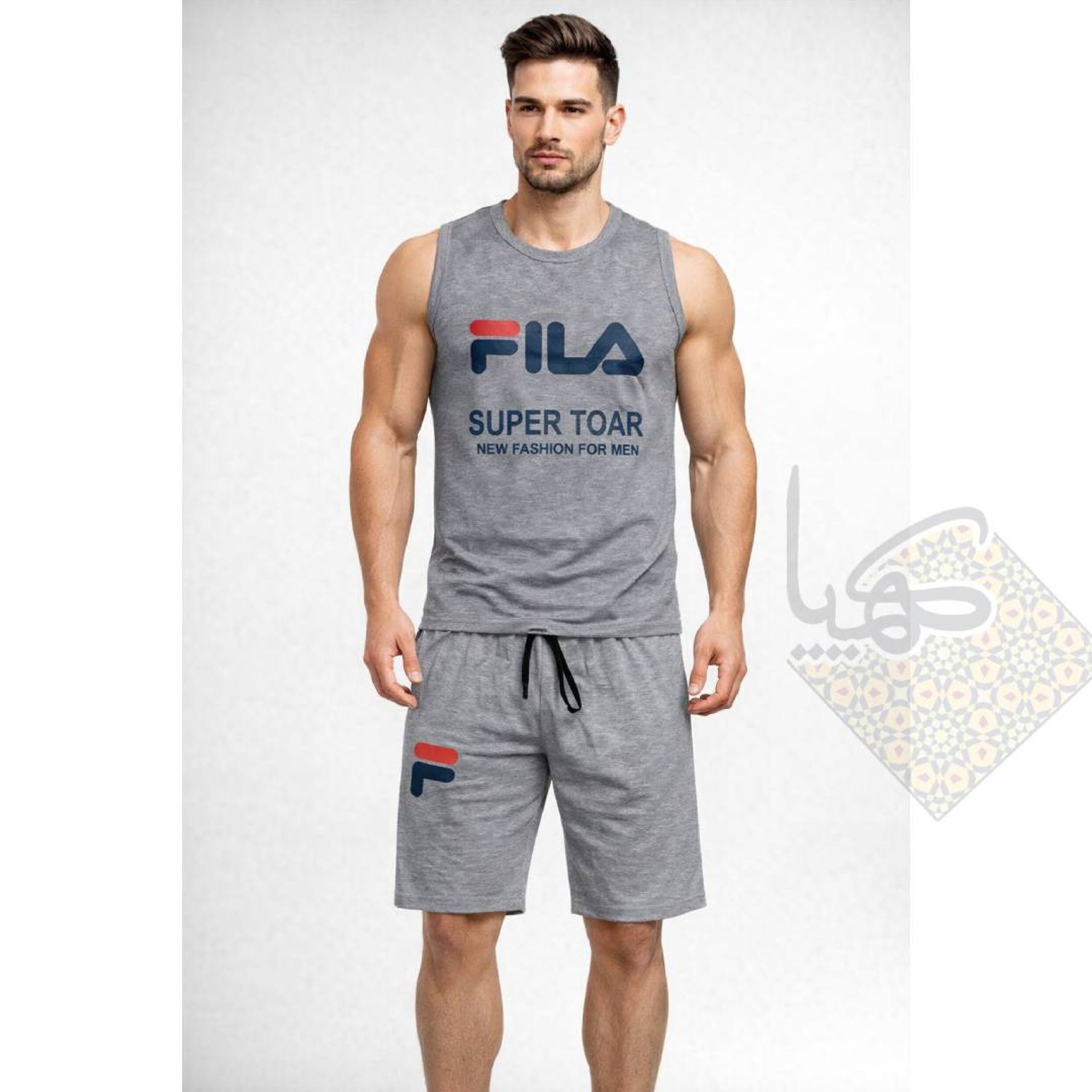خرید اینترنتی ست حلقه و شلوارک مردانه ملانژ برند فیلا اسپرت