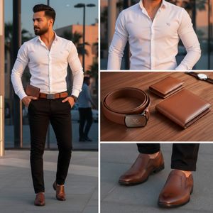 خرید اینترنتی قیمت پکیج رسمی مردانه سفید (پیراهن سفید مدل VQ  کفش مردانه عسلی مدل Dena  ست کیف و کمربند عسلی مدل M101)