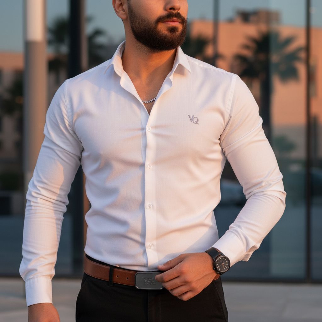 خرید اینترنتی قیمت پکیج رسمی مردانه سفید (پیراهن سفید مدل VQ  کفش مردانه عسلی مدل Dena  ست کیف و کمربند عسلی مدل M101)