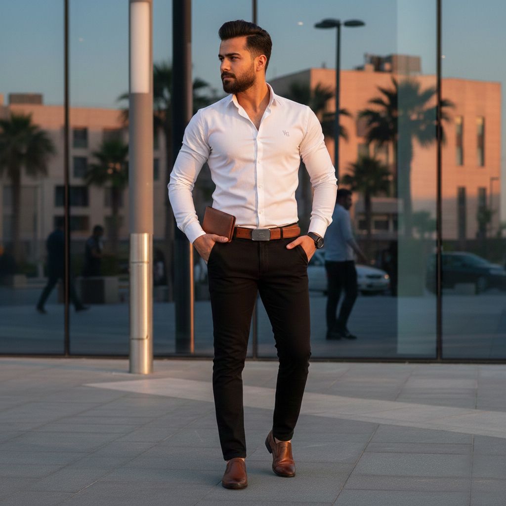 خرید اینترنتی قیمت پکیج رسمی مردانه سفید (پیراهن سفید مدل VQ  کفش مردانه عسلی مدل Dena  ست کیف و کمربند عسلی مدل M101)