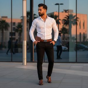 خرید اینترنتی قیمت پکیج رسمی مردانه سفید (پیراهن سفید مدل VQ  کفش مردانه عسلی مدل Dena  ست کیف و کمربند عسلی مدل M101)