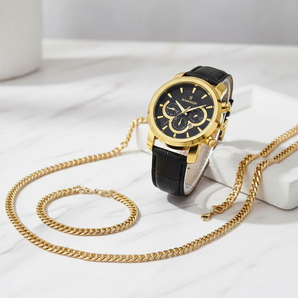 خرید اینترنتی قیمت پکیج ساعت romanson مشکی طلایی مدل B62  دستبند و گردنبند کارتیه رنگ طلایی