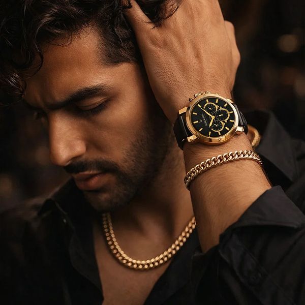 پکیج ساعت romanson مشکی طلایی مدل B62  دستبند و گردنبند کارتیه رنگ طلایی