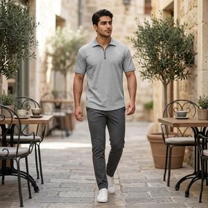 خرید اینترنتی قیمت تیشرت مردانه یقه زیپ دار طوسی مدل Arban