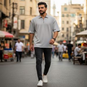 خرید اینترنتی قیمت تیشرت مردانه یقه زیپ دار طوسی مدل Arban