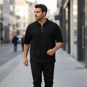 خرید اینترنتی قیمت تیشرت مردانه یقه زیپ دار مشکی مدل Arban