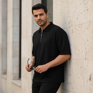 خرید اینترنتی قیمت تیشرت مردانه یقه زیپ دار مشکی مدل Arban