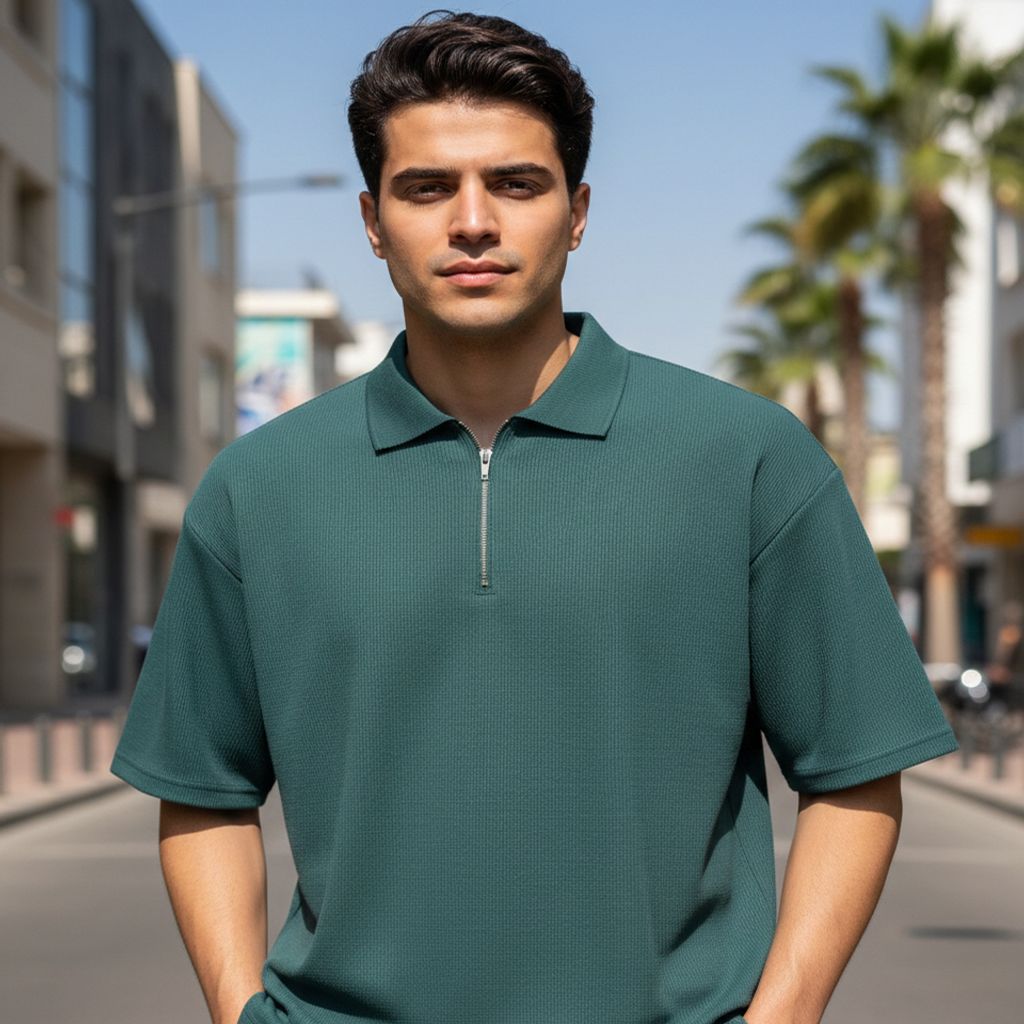 خرید اینترنتی قیمت تیشرت مردانه یقه زیپ دار سبز مدل Arban