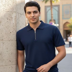 خرید اینترنتی قیمت تیشرت مردانه یقه زیپ دار سرمه ای مدل Arban