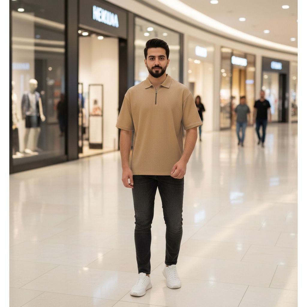 خرید اینترنتی قیمت تیشرت مردانه یقه زیپ دار نسکافه ای مدل Arban