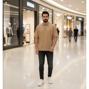 خرید اینترنتی قیمت تیشرت مردانه یقه زیپ دار نسکافه ای مدل Arban