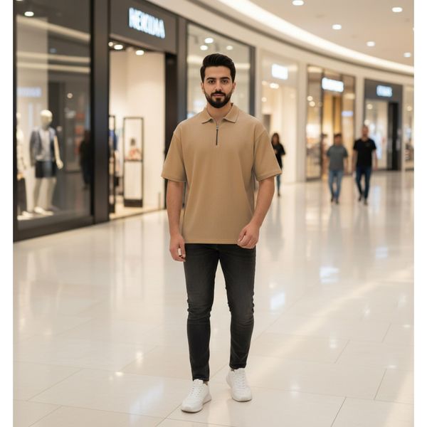 تیشرت مردانه یقه زیپ دار نسکافه ای مدل Arban